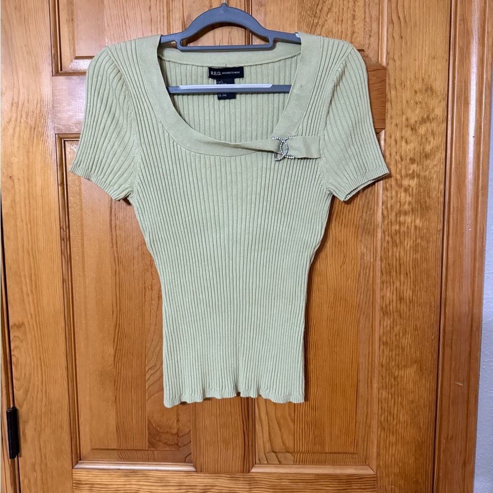 R.E.Q. Required to Wear Sage Green Ribbed Blouse with Buckle Detail
